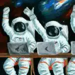 cartoon of astronauts waving from behind laptops