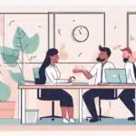 cartoon of employees in an office surrounded by plants