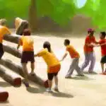 cartoon of people in yellow and red shirts playing a team building game together