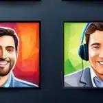 cartoon of two smiling adult men in different screens smiling