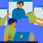 Cartoon of people collaborating from different screens
