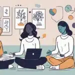 cartoon of women sitting on floor cross legged and meditating, some with laptops or paper on their laps
