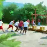 cartoon of adults playing tug of war outdoors