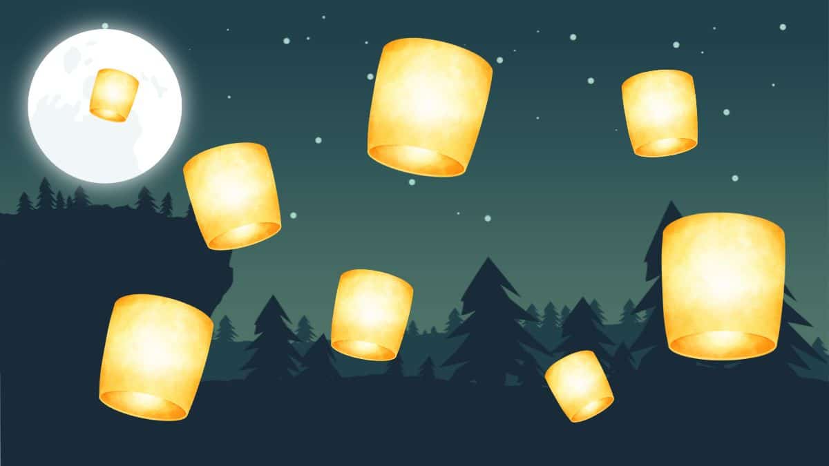 cartoon of floating lanterns in front of a starry forest