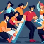 cartoon of happy looking adults in colorful t shirts in a huddle