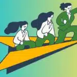 A cartoon of three people on a paper airplane