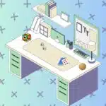 A cartoon of a desk with toys on it
