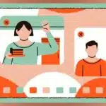 A cartoon of a man and woman in a video meeting