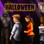 Digital painting of a group in a halloween theme escape room