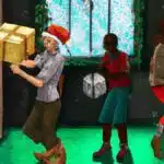 Digital painting of three people in a Christmas themed escape room, holding presents