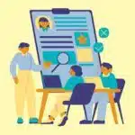 cartoon of coworkers staring a giant tablet while smiling