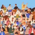 cartoon of large group of people sitting on risers & interacting with each other
