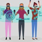 cartoon of three women wearing virtual reality headsets