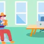 A cartoon of a man looking at a map in an office