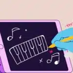 A cartoon of a hand drawing a piano on a tablet