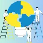A cartoon of three people on ladders solving a puzzle