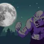 A cartoon of a werewolf in front of a full moon