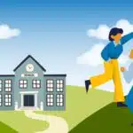 A cartoon of students high-fiving in front of a school
