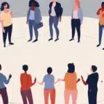 cartoon of professionals standing in a circle playing a game