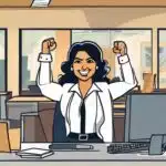 cartoon of woman in office pumping her fists in the air in victory