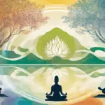 silhouttes meditating sitting cross legged on a lake, a rainbow pastel background with trees and giant lotus in the distance