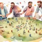 cute watercolor cartoon of a group of happy people playing a collaborative game together