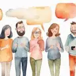 cute watercolor image of a group of adults smiling with word bubbles above their heads