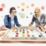 Minimalist watercolor painting of a team of customer service representatives playing a fun game together.